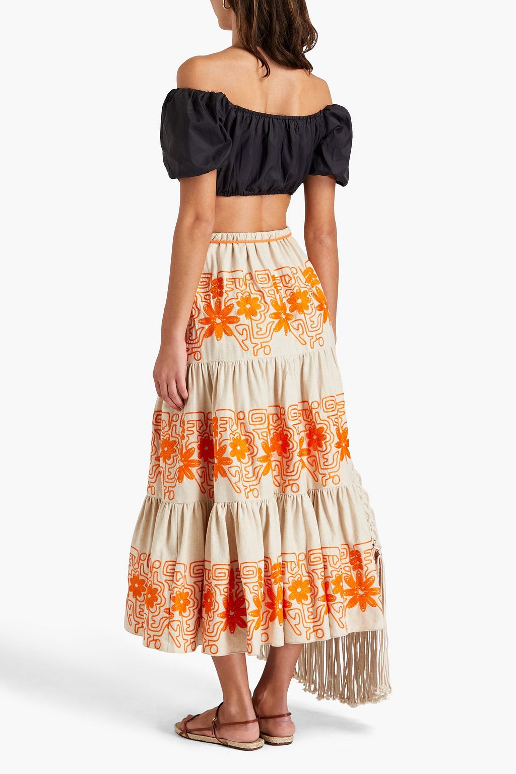 MAJE Tiered embroidered cotton and linen-blend twill midi skirt