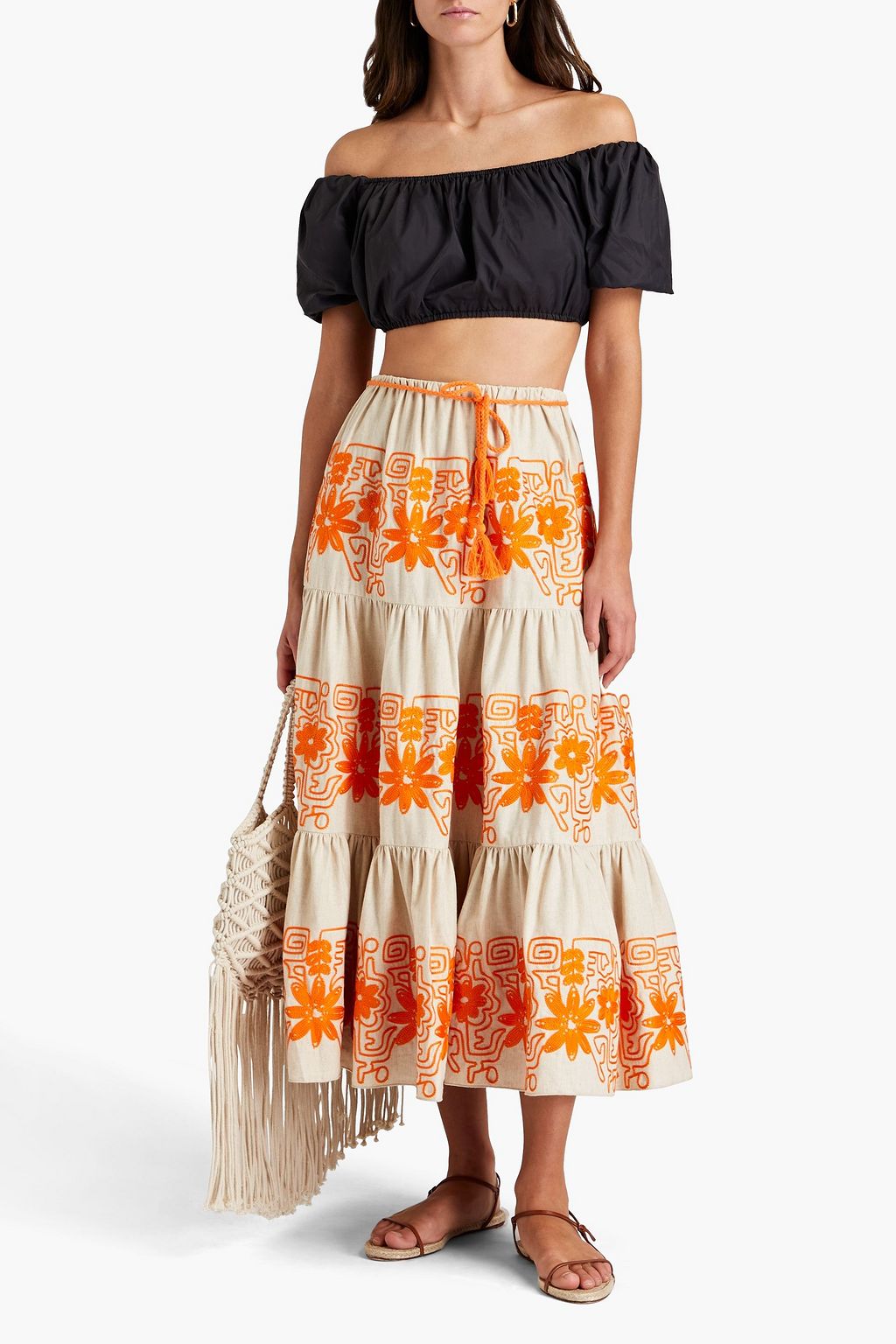 MAJE Tiered embroidered cotton and linen-blend twill midi skirt
