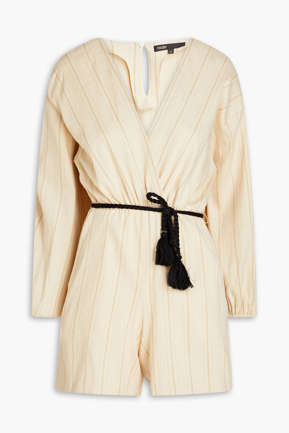 Maje Wrap-effect Tasseled Pinstriped Twill Playsuit In Beige