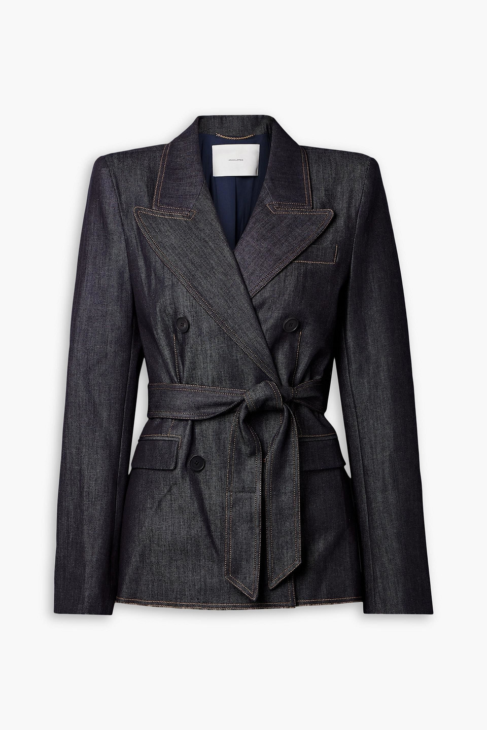 Adam Lippes Belted Double-breasted Denim Jacket In Dark Denim