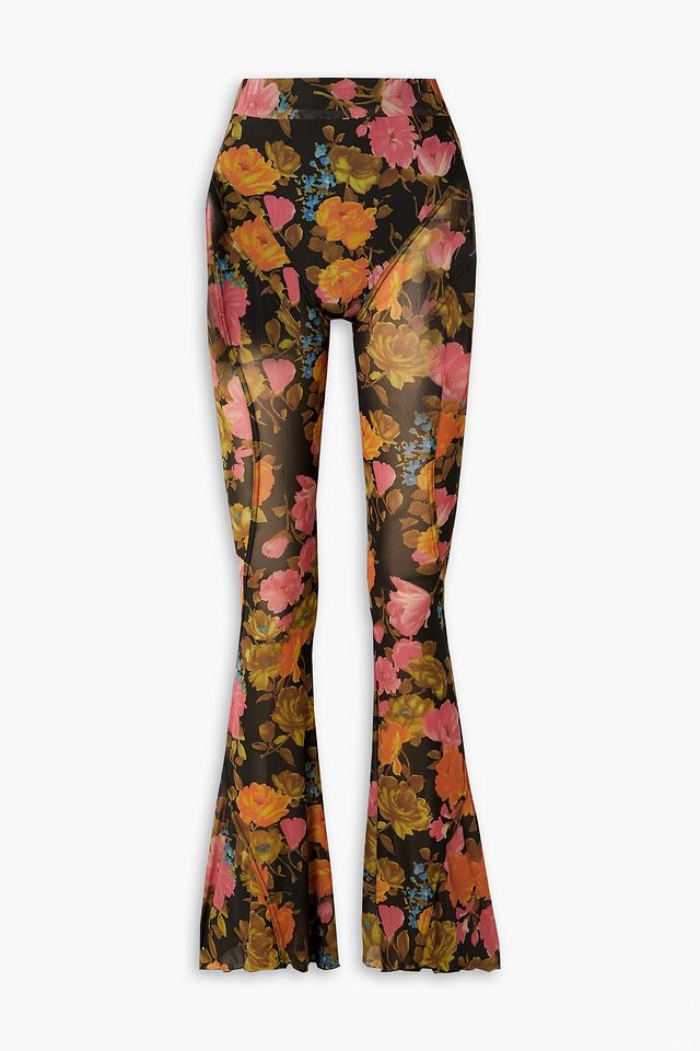 Floral-print stretch-mesh flared pants