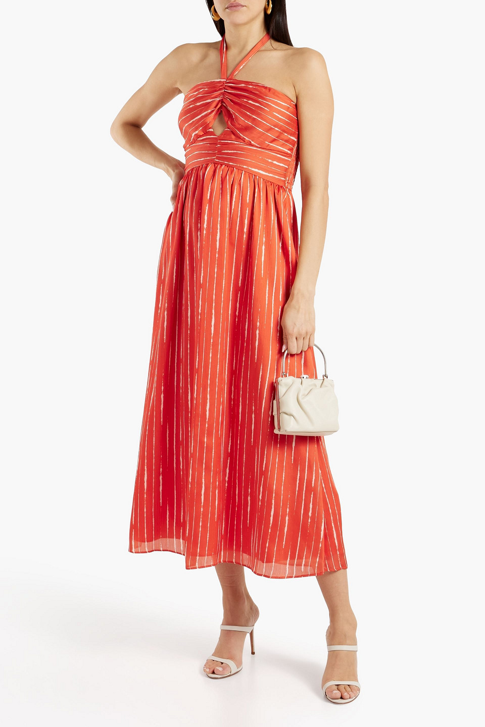 Shop Sachin & Babi Reid Cutout Striped Georgette Halterneck Midi Dress In Orange