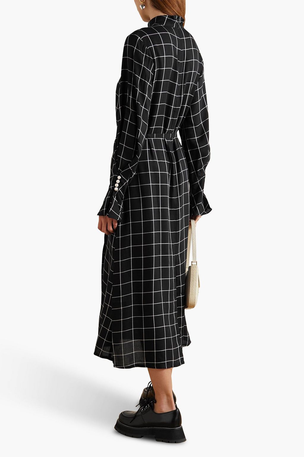 MOTHER OF PEARL Belted faux pearl-embellished checked twill midi dress ...