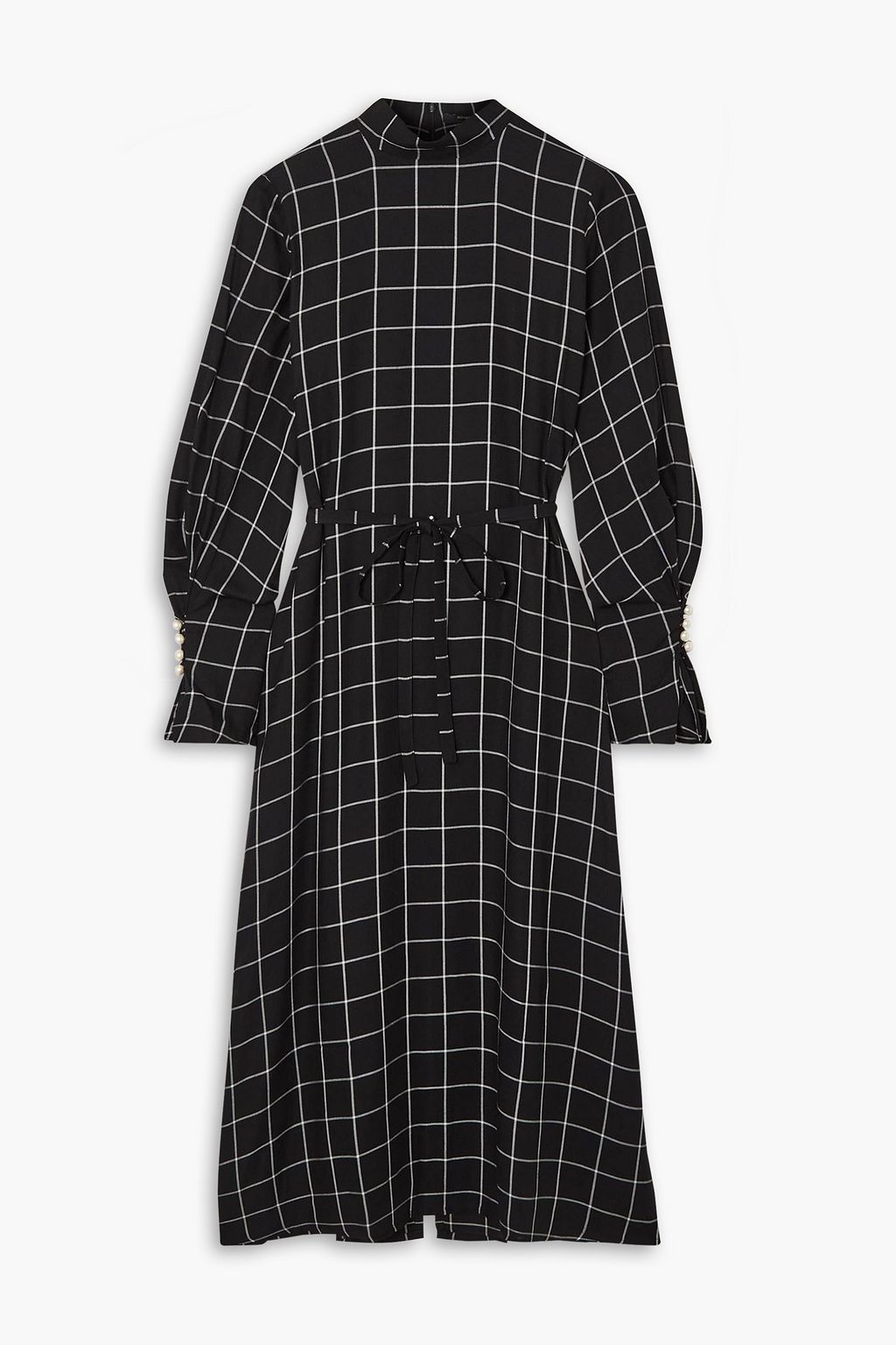 MOTHER OF PEARL Belted faux pearl-embellished checked twill midi dress ...