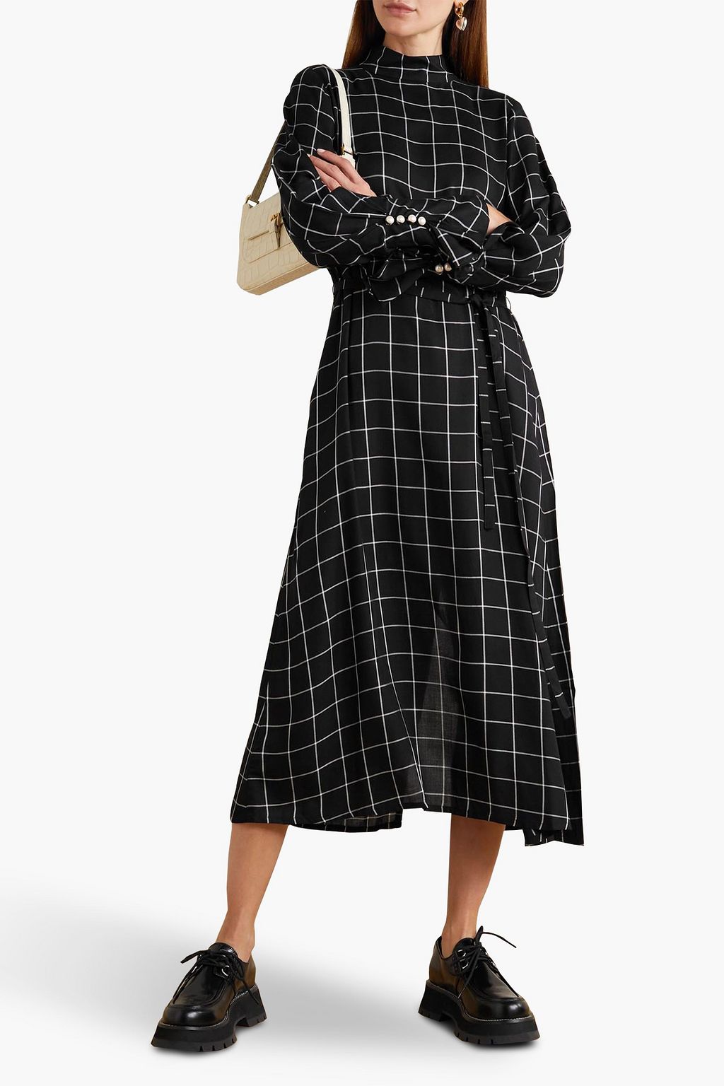 MOTHER OF PEARL Belted faux pearl-embellished checked twill midi dress ...