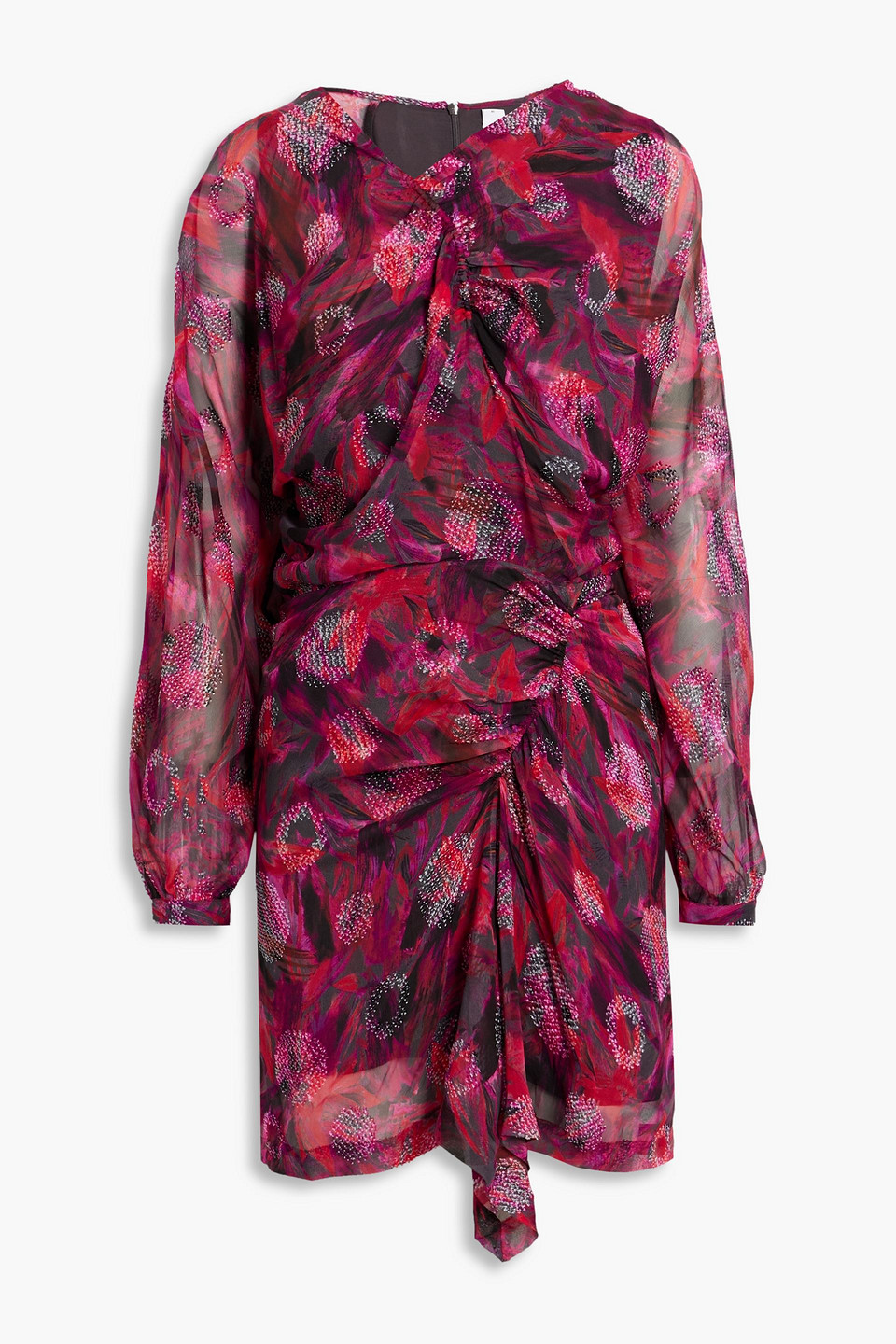 Iro Paolina Ruched Printed Fil Coupé Silk-blend Chiffon Mini Dress In Fuchsia