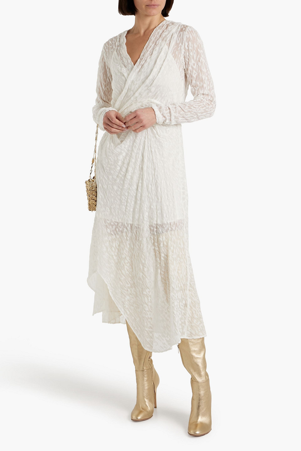 Shop Iro Lexa Wrap-effect Devoré Silk-chiffon Midi Dress In Ivory