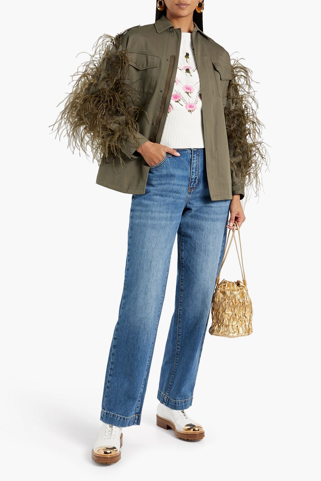 VALENTINO GARAVANI Feather-embellished cotton-gabardine jacket