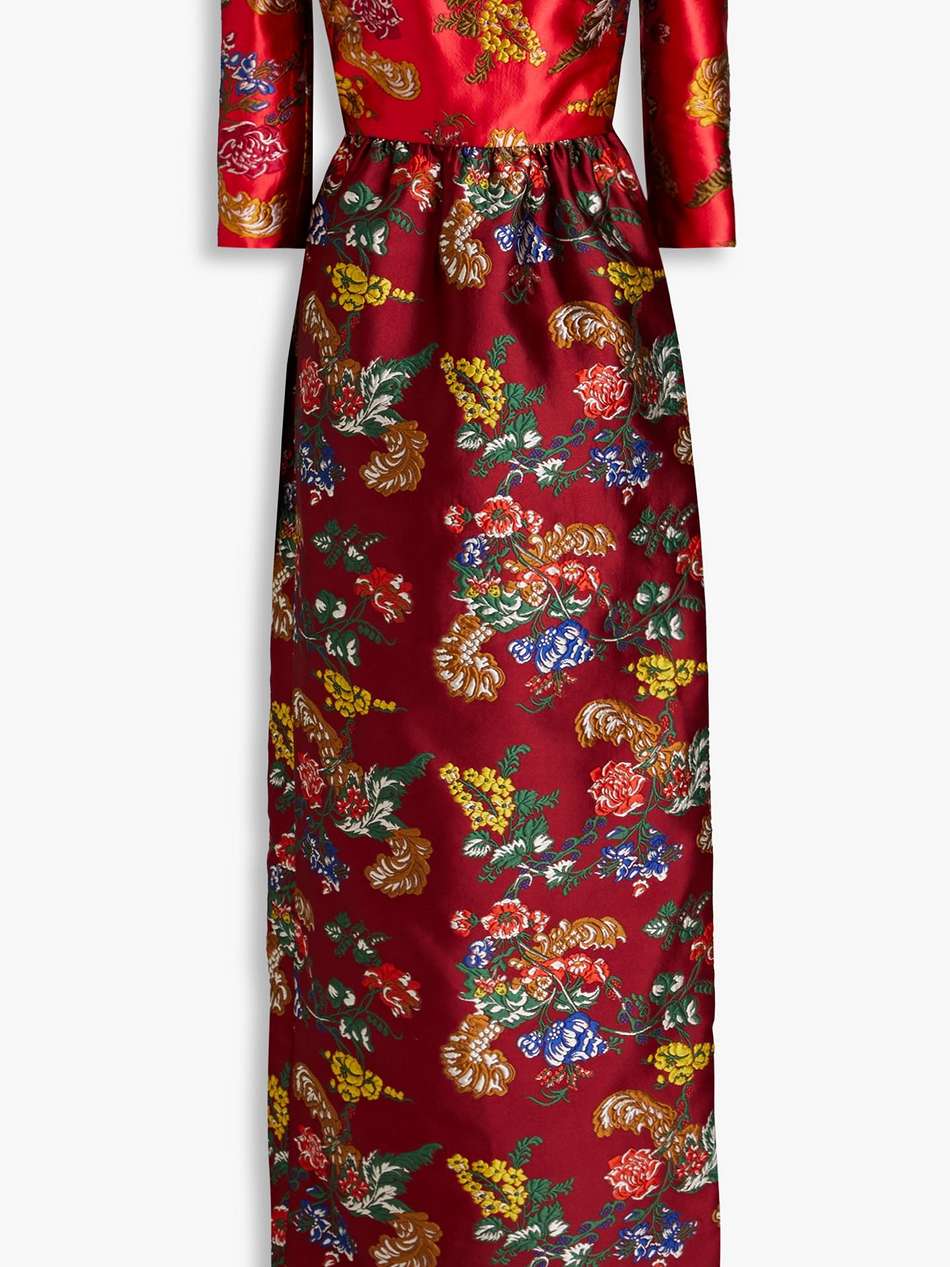 off-the-shoulder two-tone floral-brocade gown