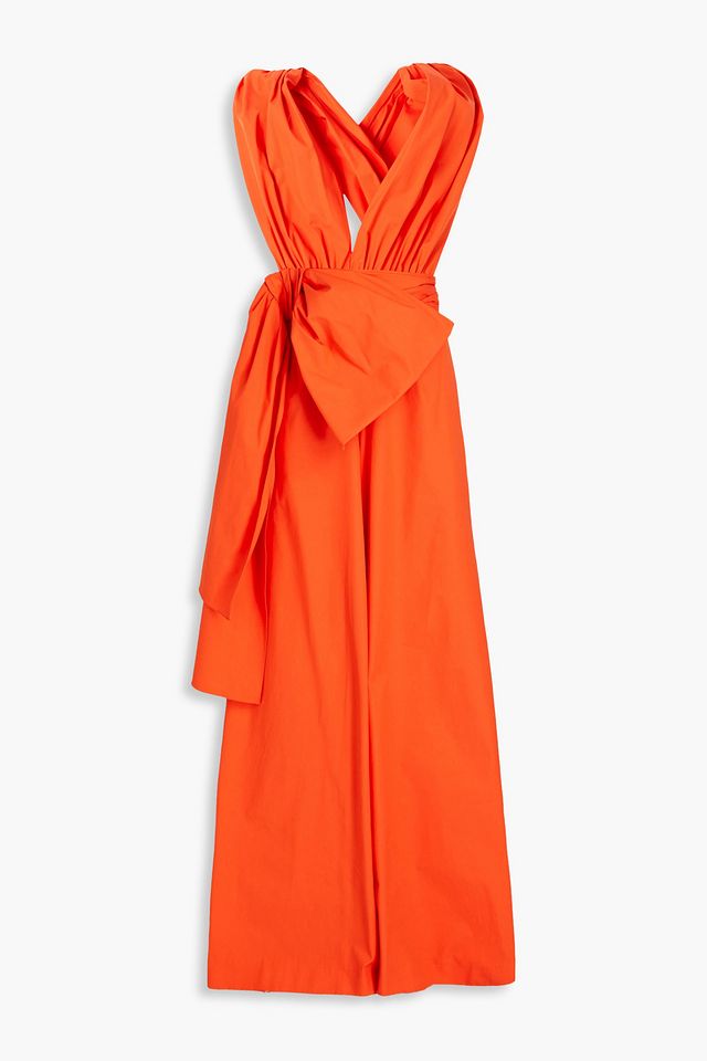Bow-embellished gathered cotton-twill jumpsuit