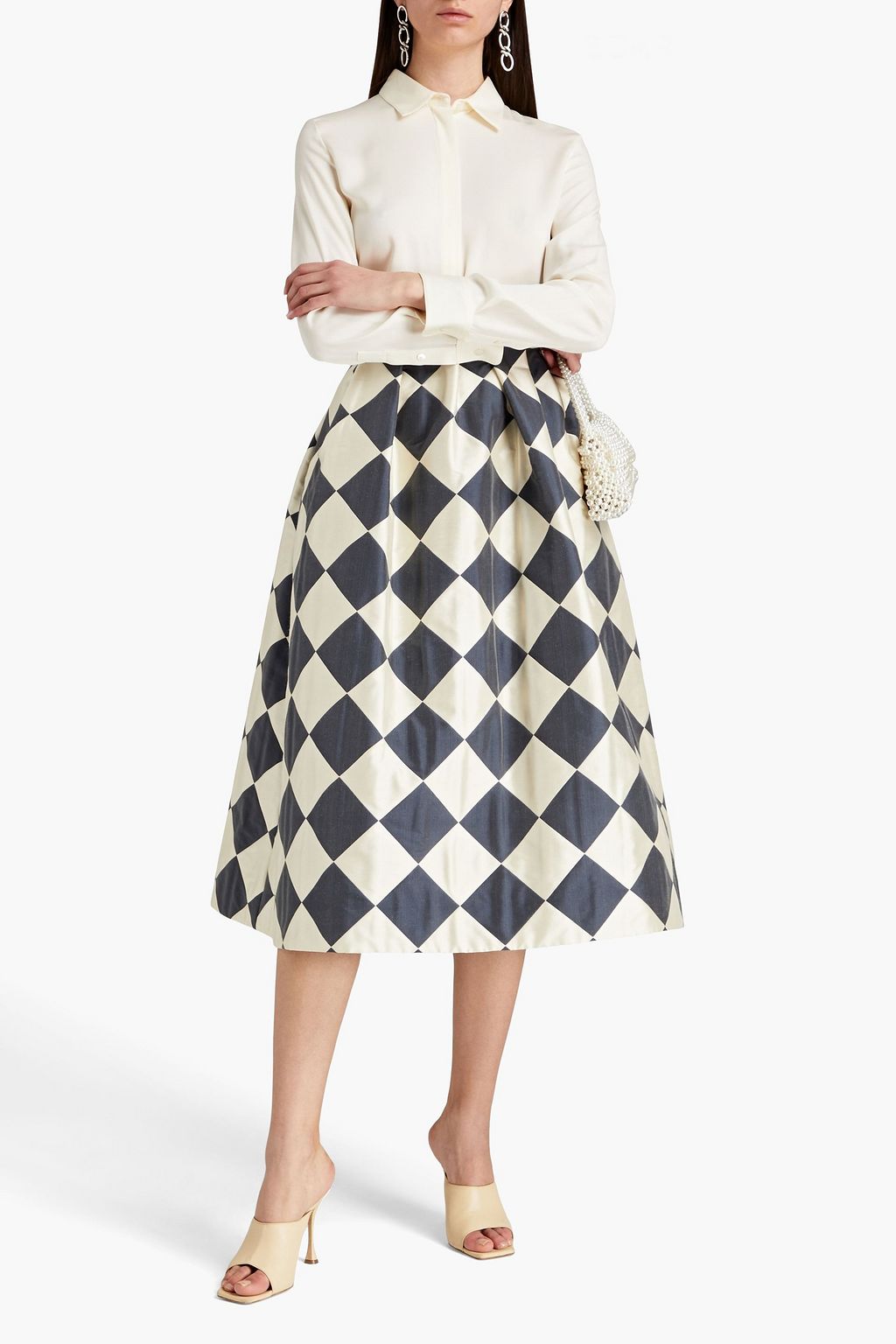 OSCAR DE LA RENTA ジャカード ミディスカート タック入り チェック