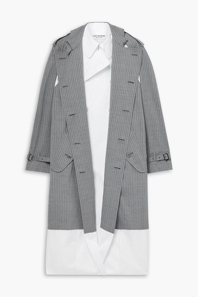 Layered pinstriped wool-blend and cotton-poplin trench coat
