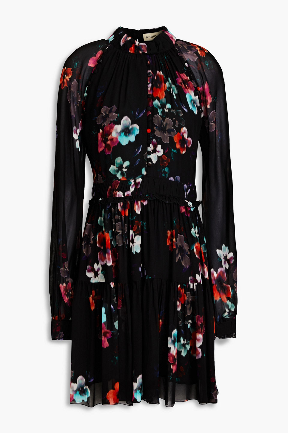 Nicholas Kaisa Gathered Floral-print Chiffon Mini Dress In Black