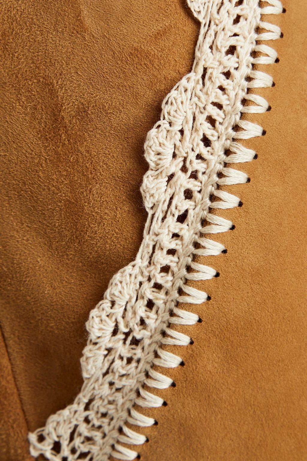 MAJE Crocheted lace-trimmed suede mini skirt