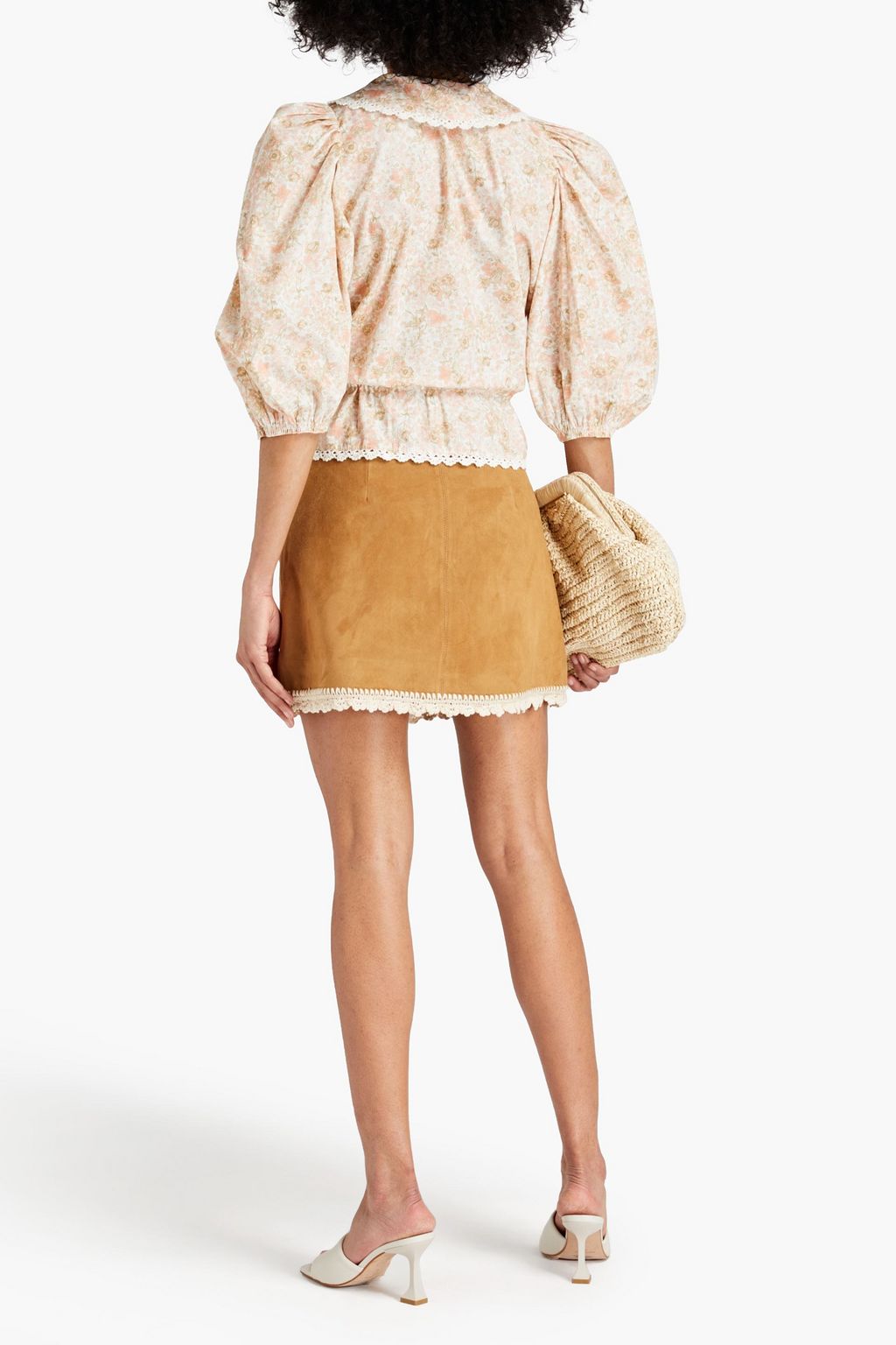 MAJE Crocheted lace-trimmed suede mini skirt