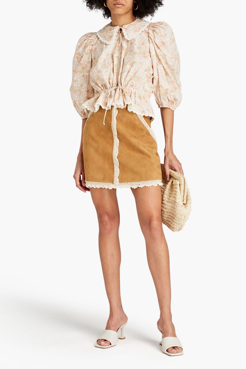 MAJE Crocheted lace-trimmed suede mini skirt