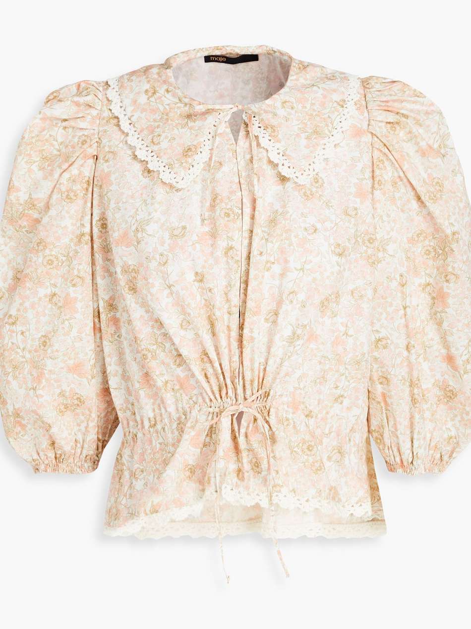 crochet-trimmed floral-print cotton blouse