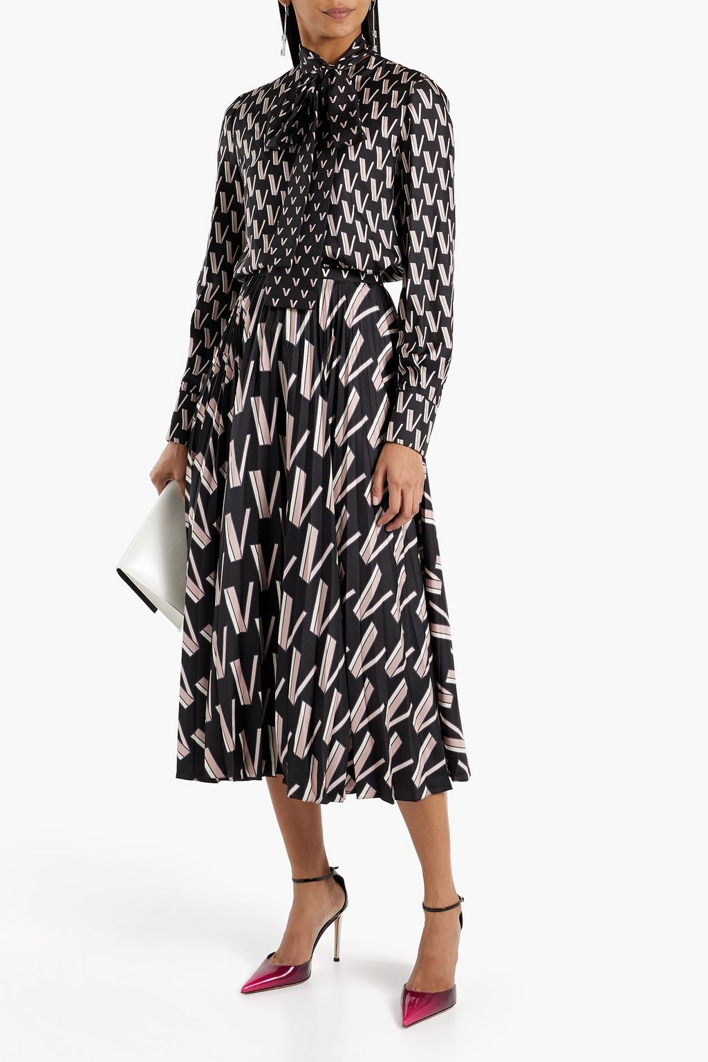 VALENTINO GARAVANI Pleated printed silk-twill midi skirt