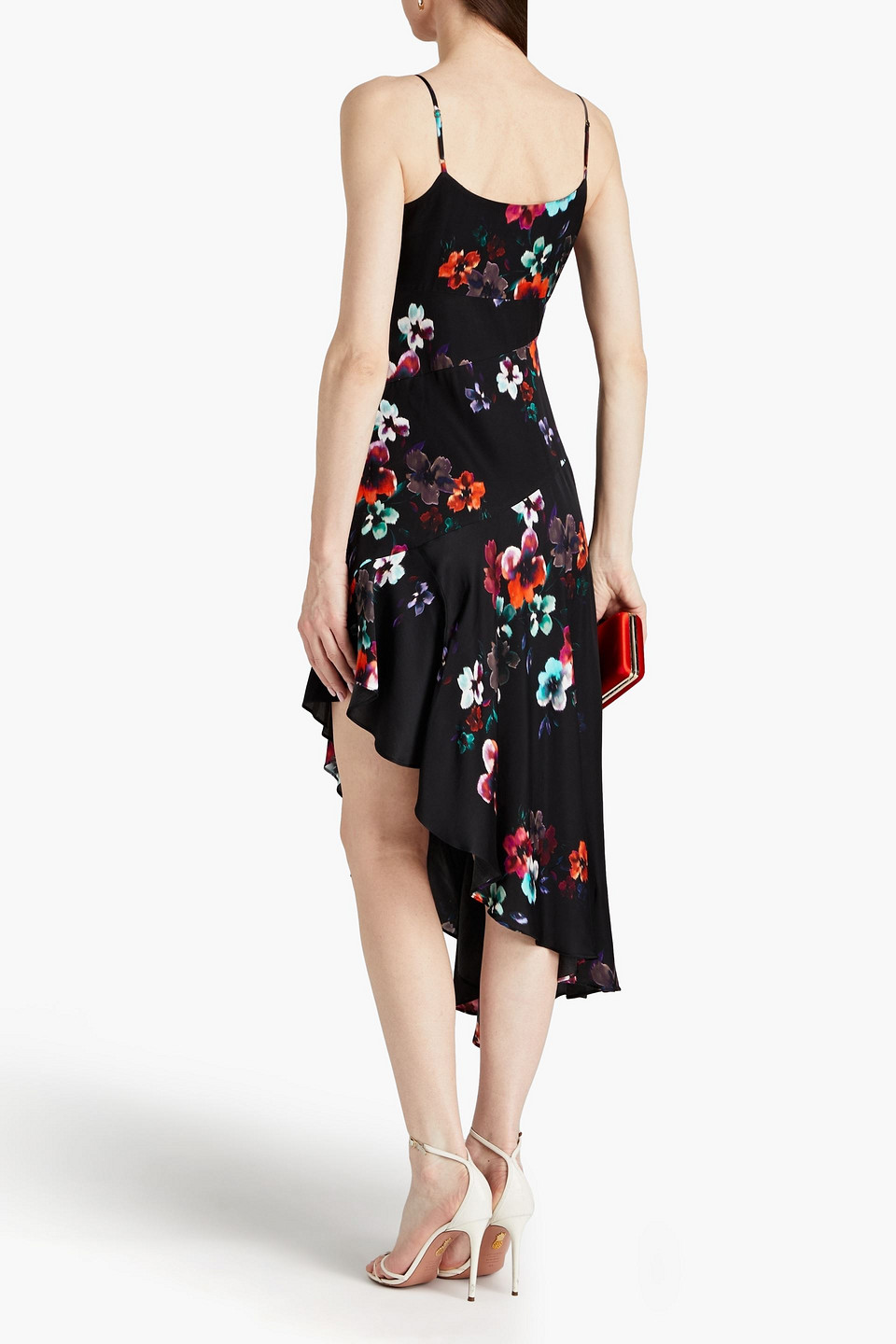 Nicholas Anneli Asymmetric Floral-print Sateen Dress In Black