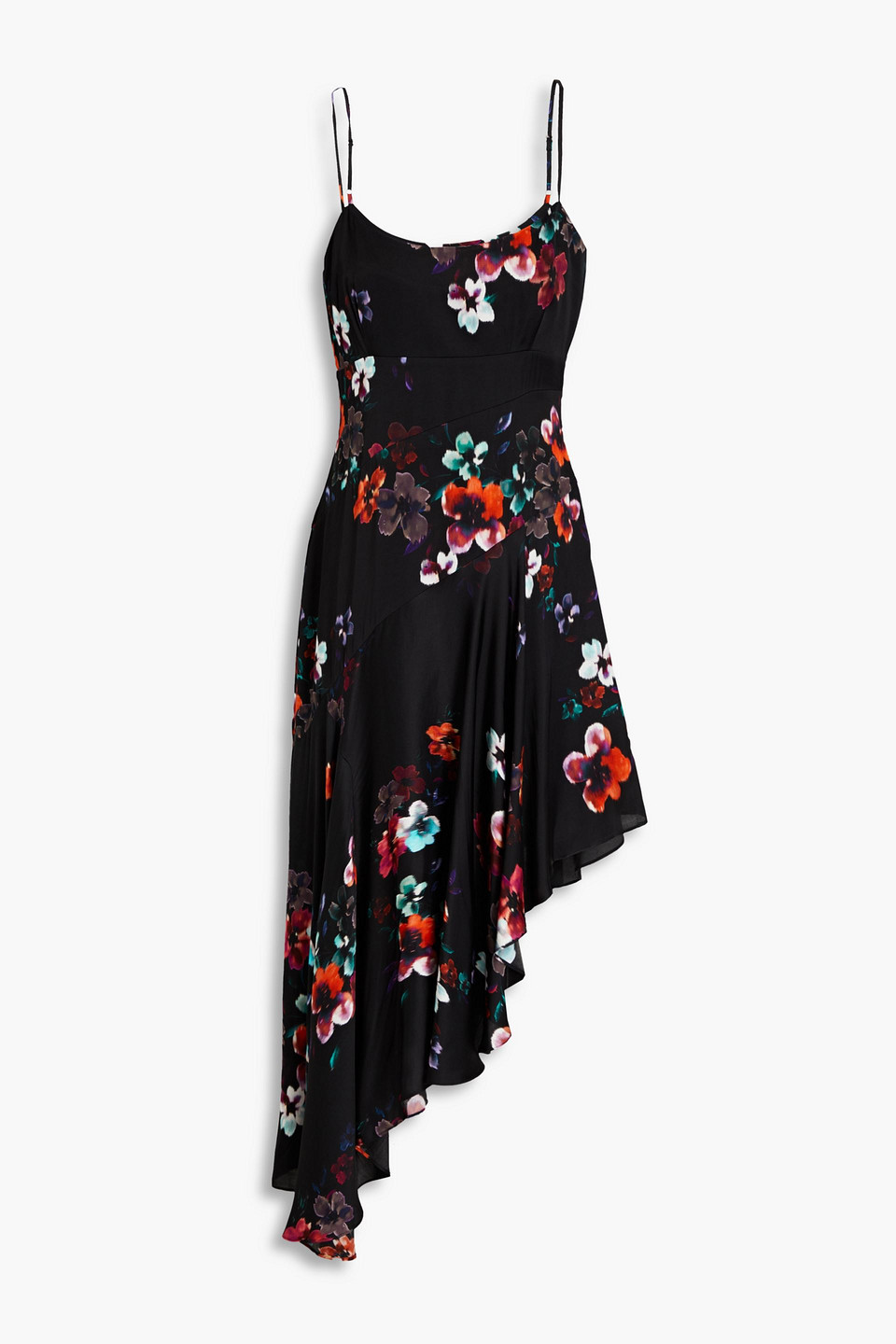 Nicholas Anneli Asymmetric Floral-print Sateen Dress In Black