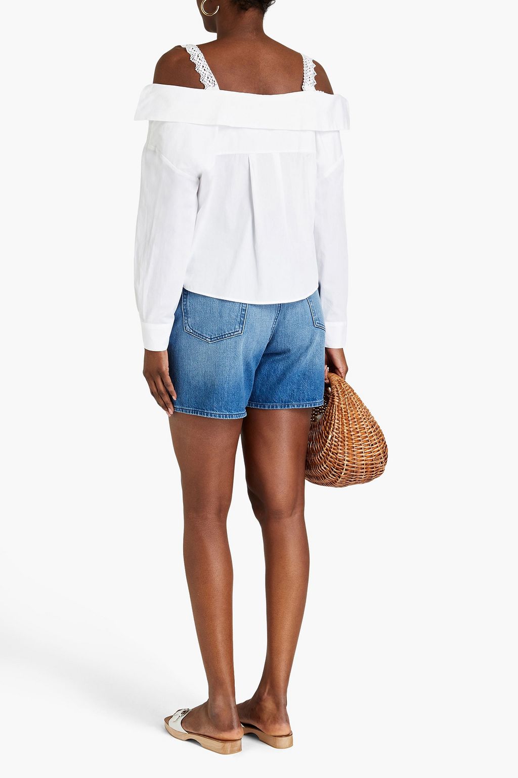 MAJE Cold-shoulder broderie anglaise-paneled cotton-poplin top