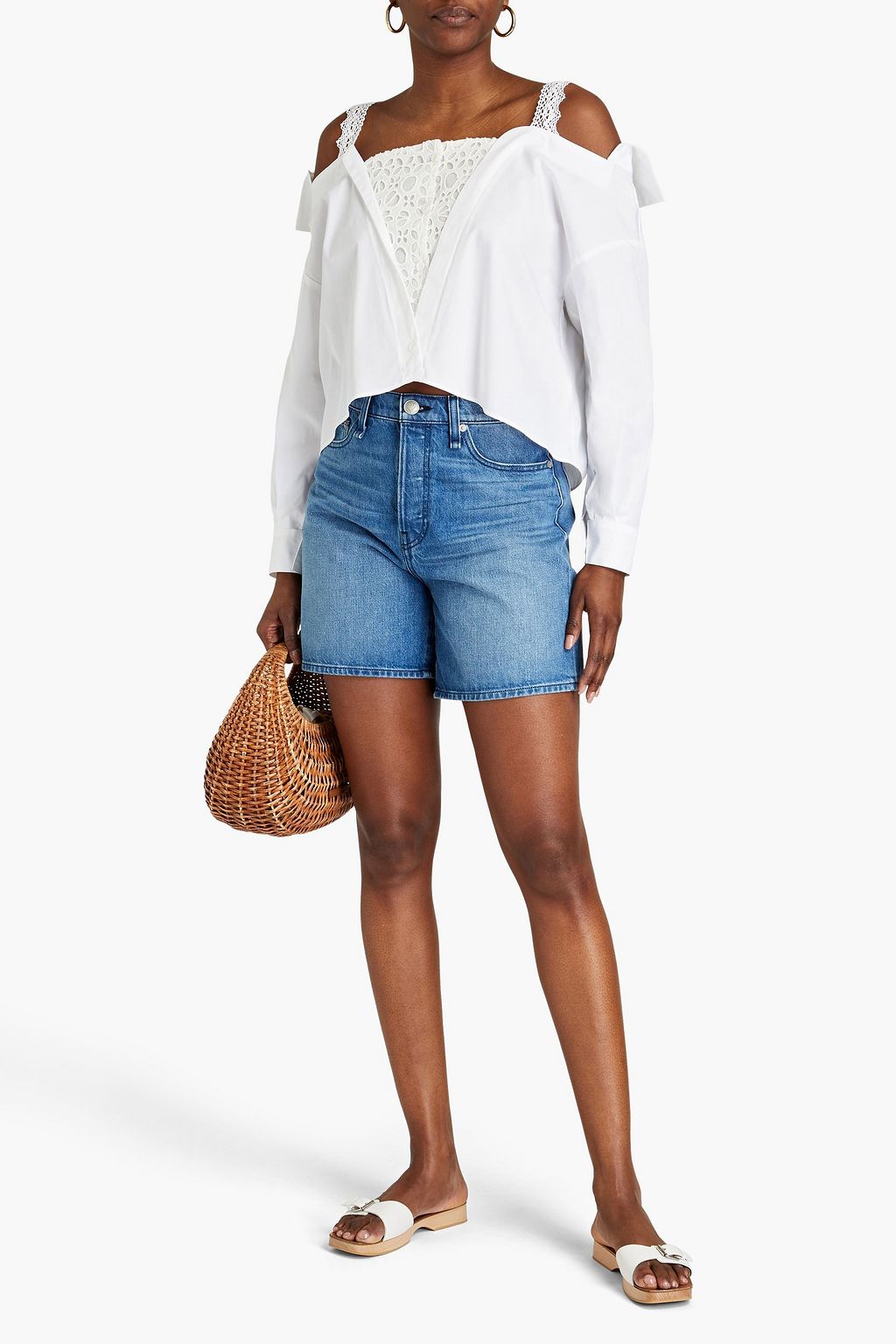 MAJE Cold-shoulder broderie anglaise-paneled cotton-poplin top