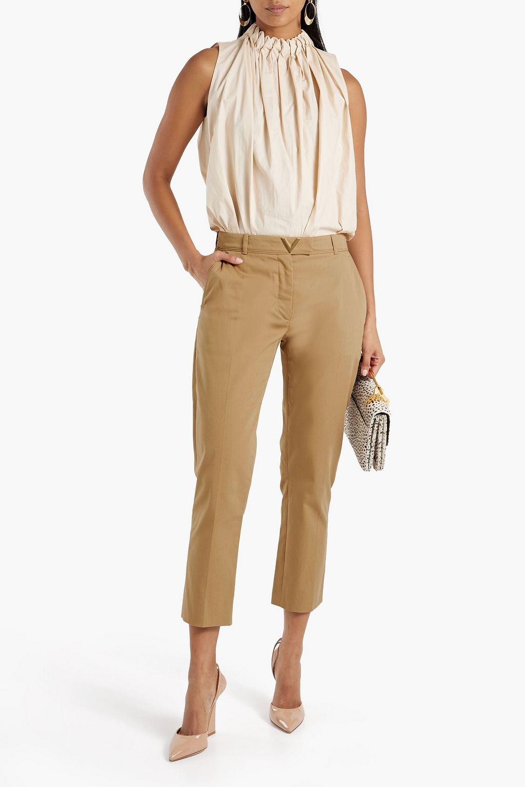 VALENTINO GARAVANI Embellished cropped cotton-blend twill straight-leg pants