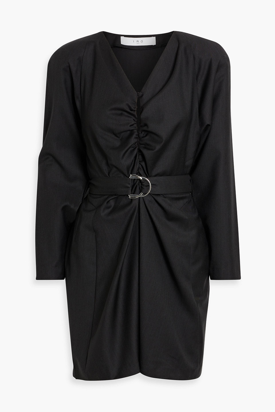Iro Baomi Ruched Belted Wool-twill Mini Dress In Black