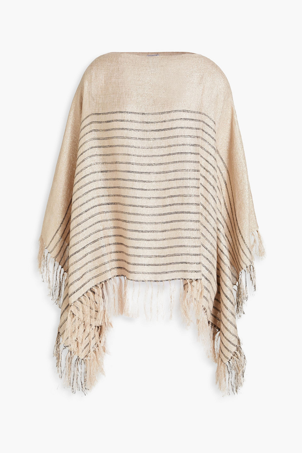 Brunello Cucinelli Fringed Metallic Striped Gauze Poncho In Beige