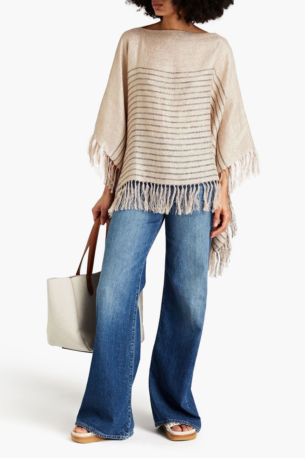 BRUNELLO CUCINELLI Fringed metallic striped gauze poncho