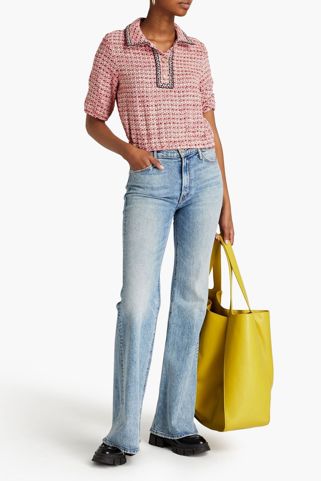 MAJE Cropped metallic cotton-blend tweed polo shirt