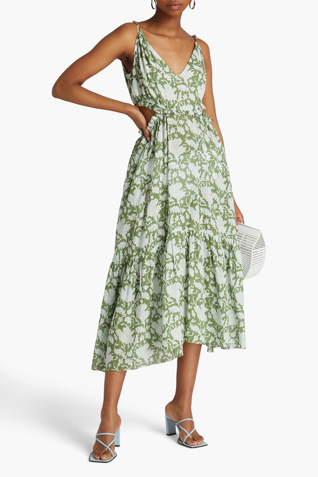 MAJE Cutout printed cotton-blend mousseline midi dress