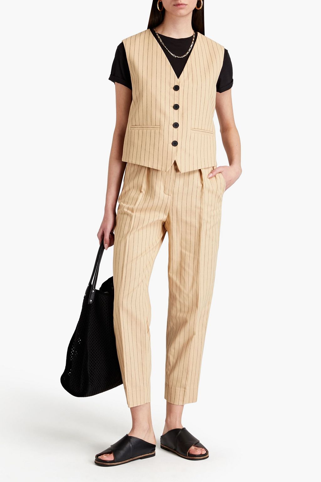 MAJE Pinstriped cotton and linen-blend vest