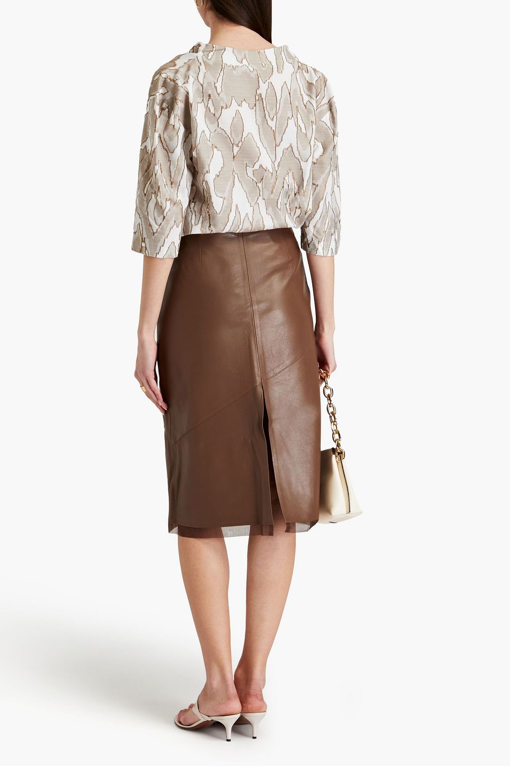 AERON Renfrow organza-trimmed leather midi skirt