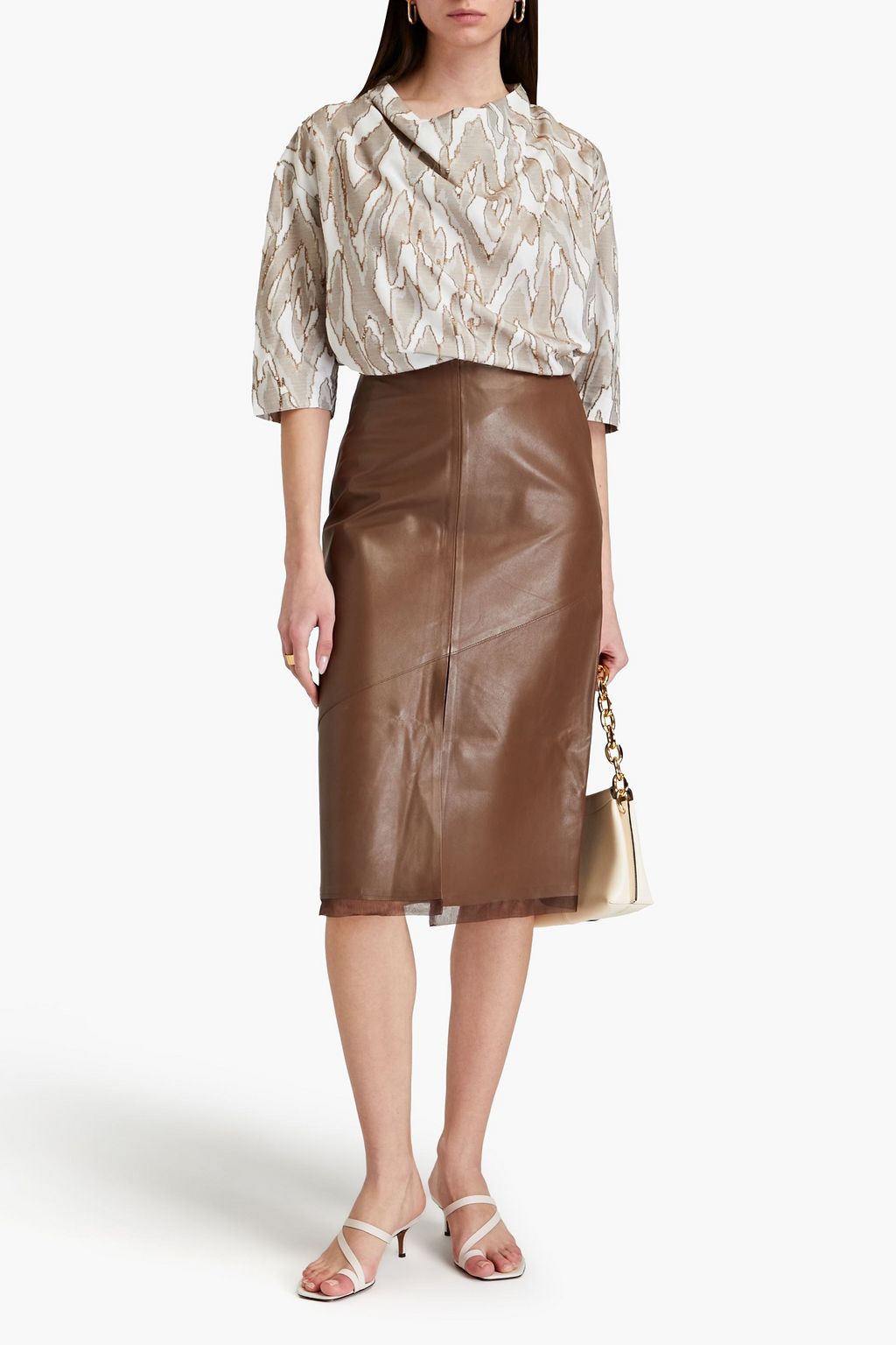 AERON Renfrow organza-trimmed leather midi skirt