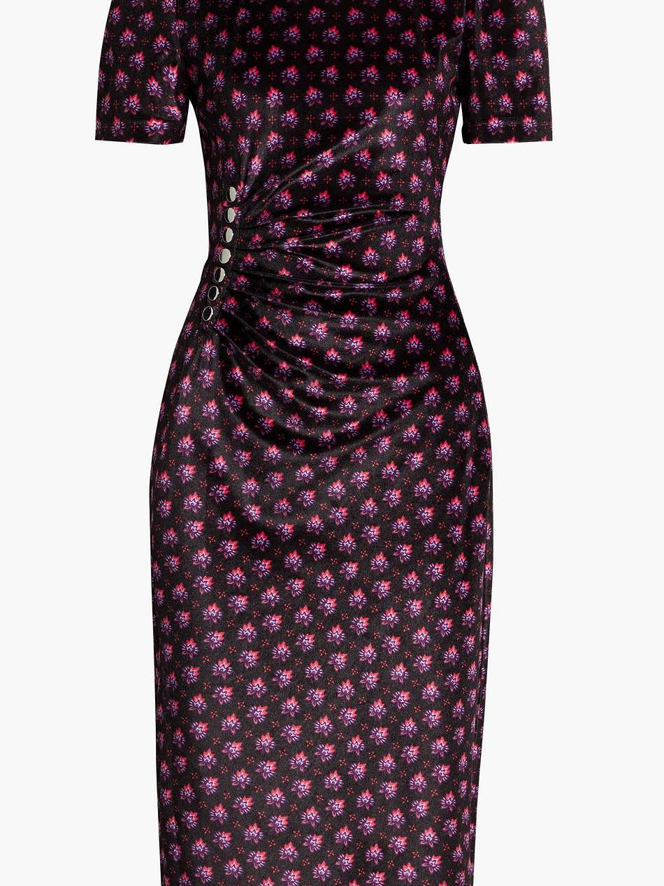 ruched printed velvet midi dress