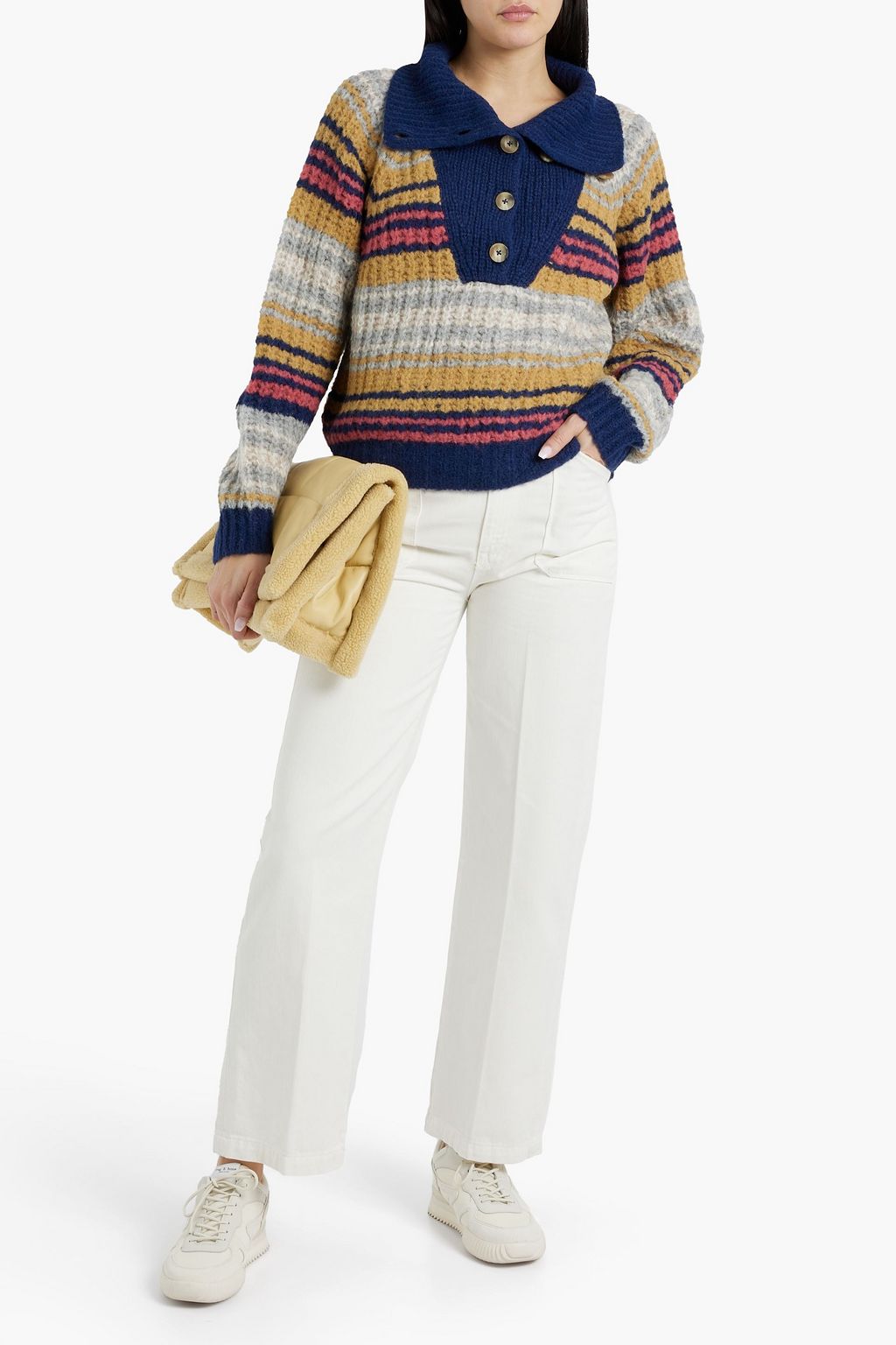 MOTHER The Buttoned Collar striped wool-blend sweater