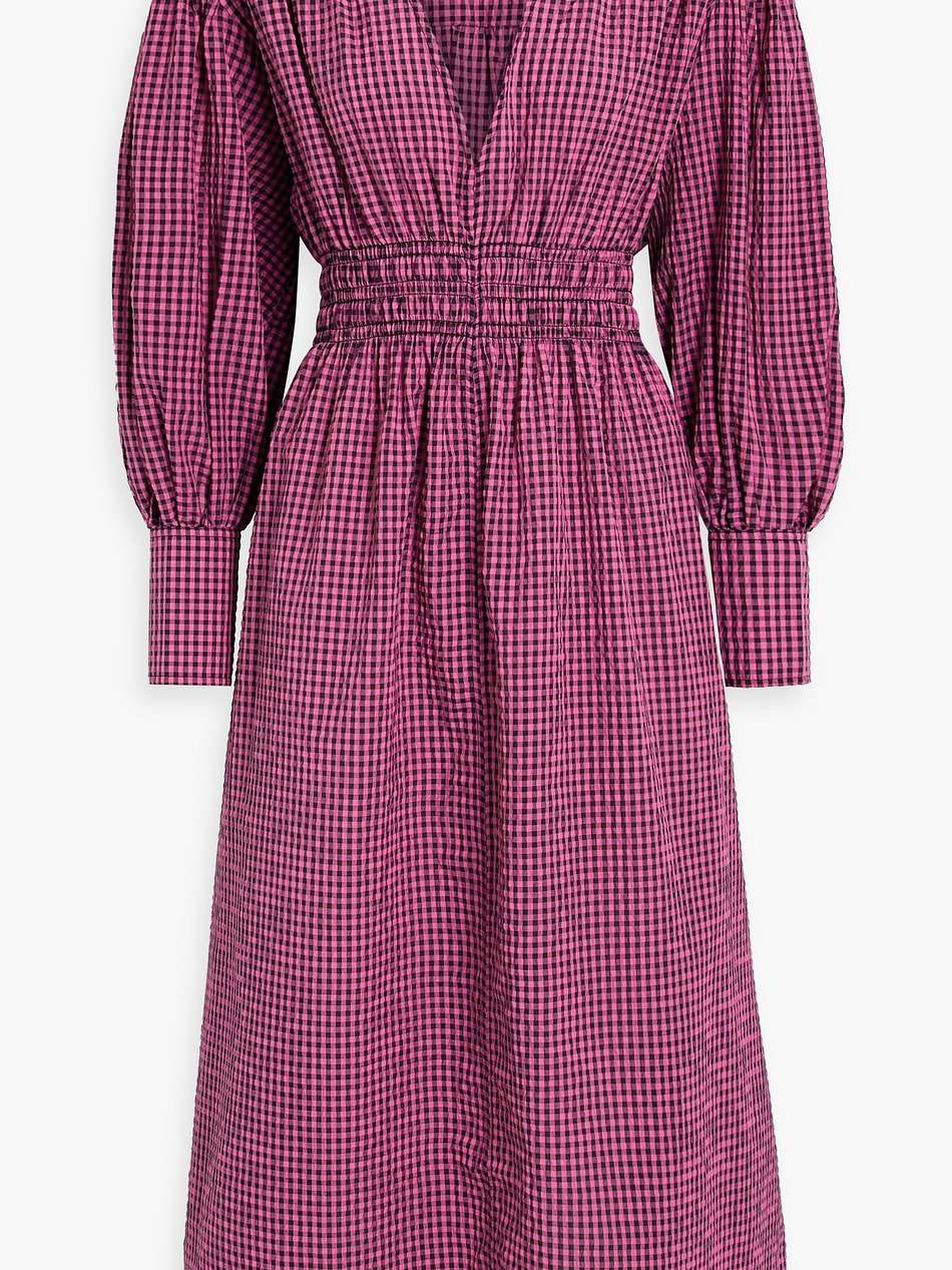 shirred gingham seersucker midi dress