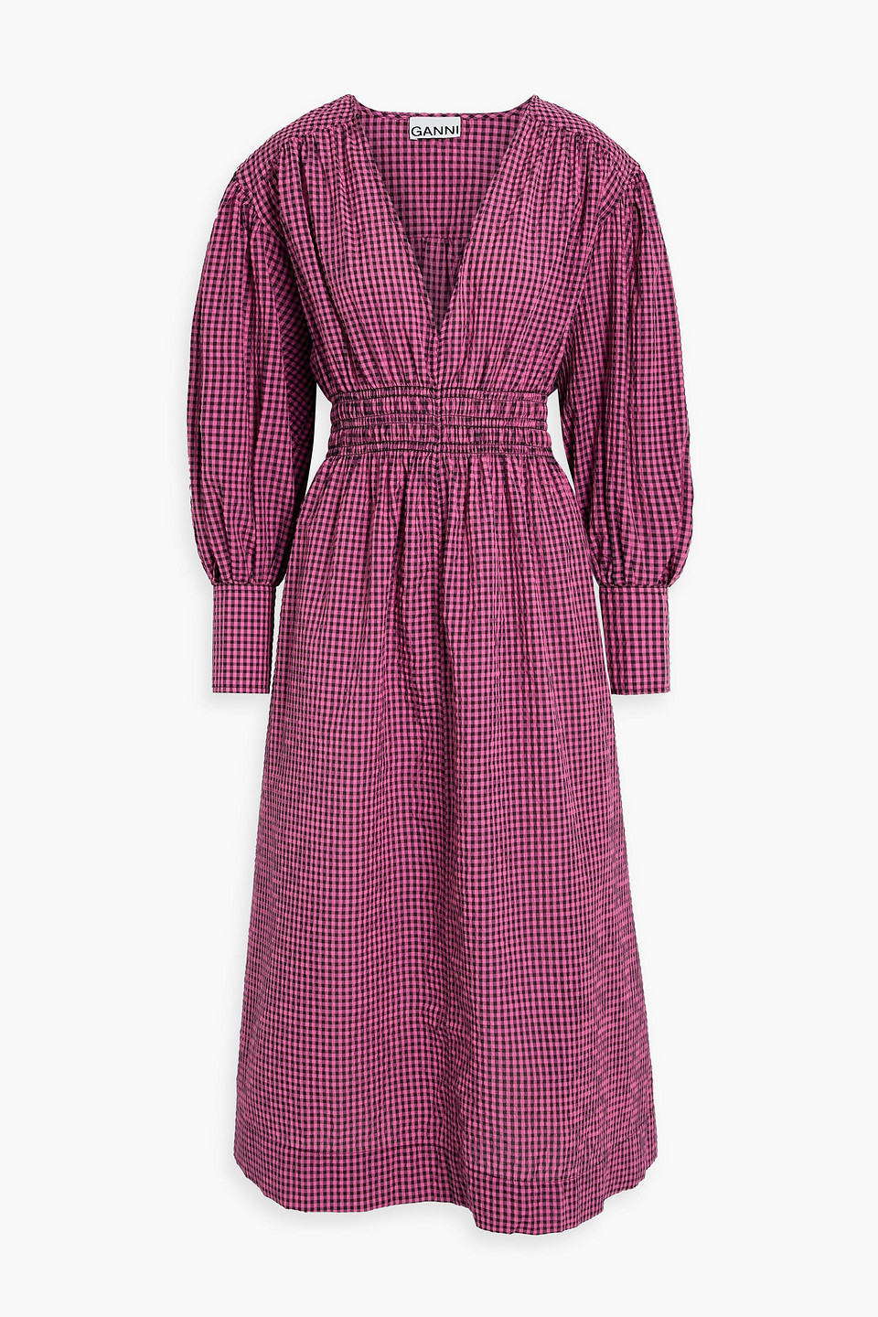 Shop Ganni Shirred Gingham Seersucker Midi Dress In Fuchsia