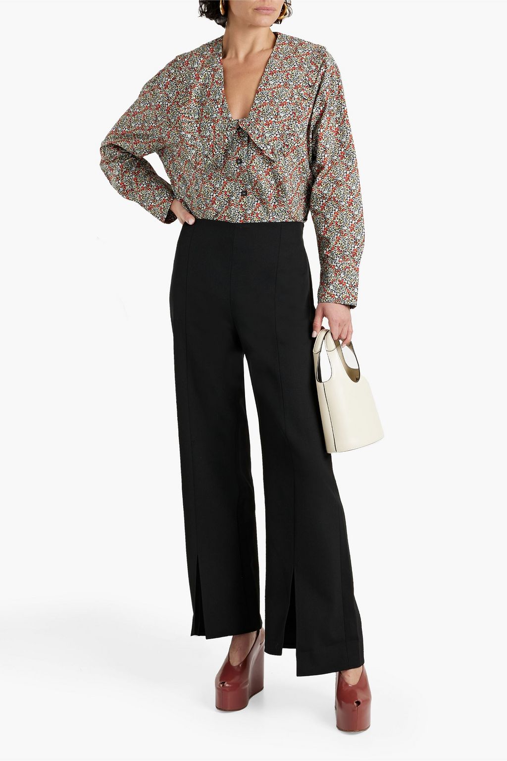 GANNI Ruffled floral-print cotton-poplin top