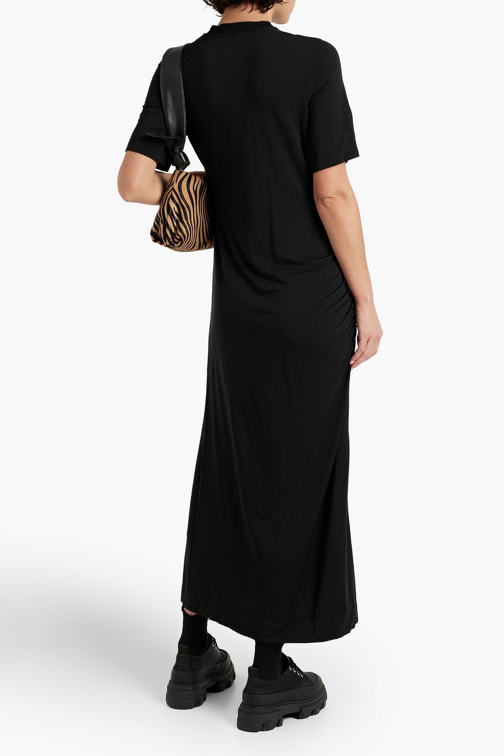 GANNI Ruched printed Lyocell-blend jersey midi dress