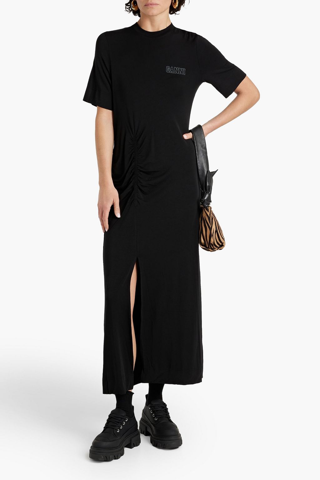 GANNI Ruched printed Lyocell-blend jersey midi dress