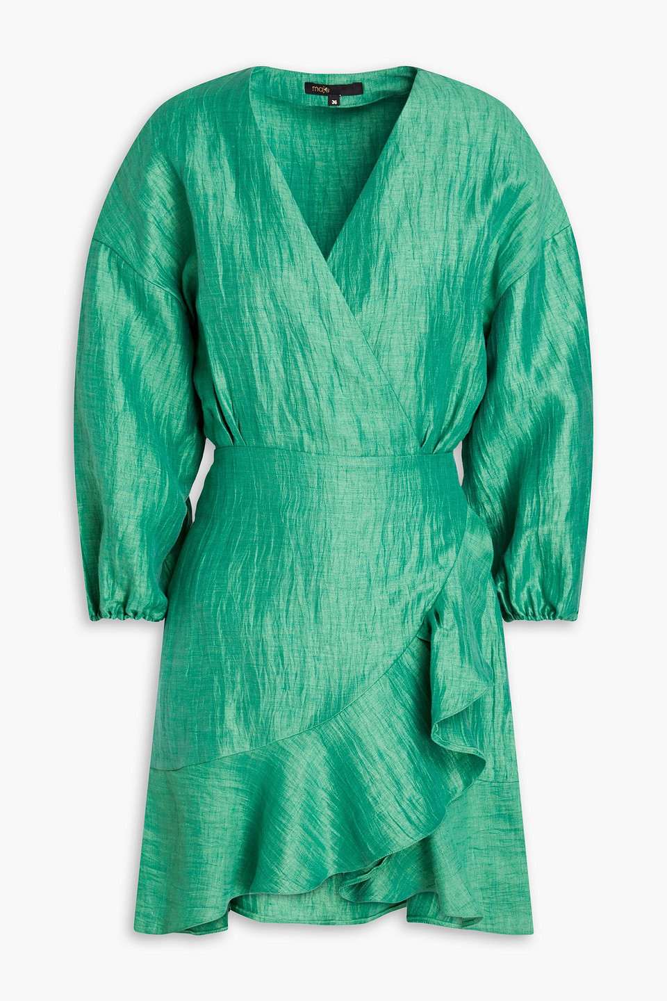 Maje - Crinkled linen-blend mini wrap dress - Green - FR 42