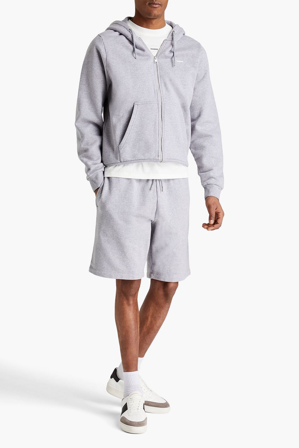 SANDRO Mélange cotton-fleece zip-up hoodie