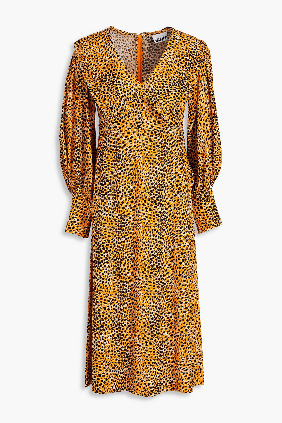 Shop Ganni Ruffled Leopard-print Crepe Midi Dress In Marigold