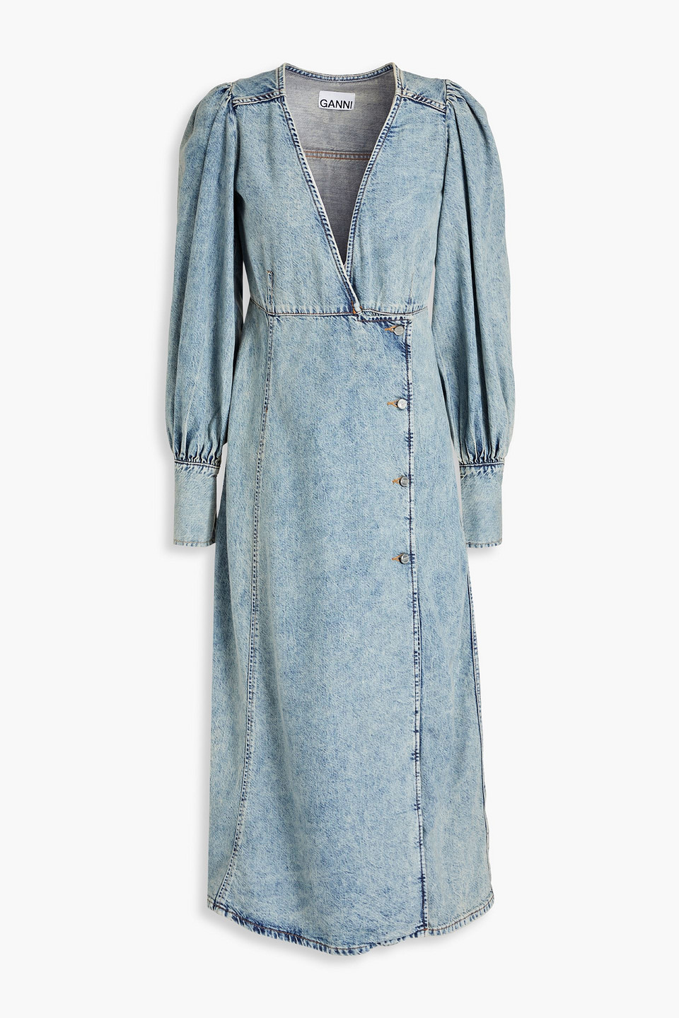 GANNI FADED DENIM MIDI WRAP DRESS,3074457345635516715