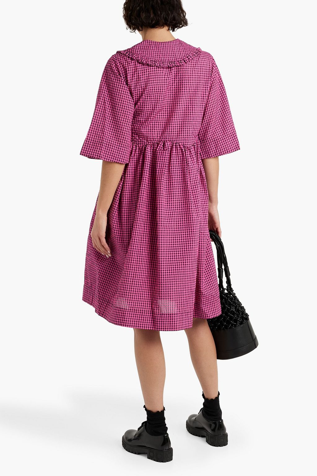 GANNI Ruffle-trimmed gingham seersucker wrap dress