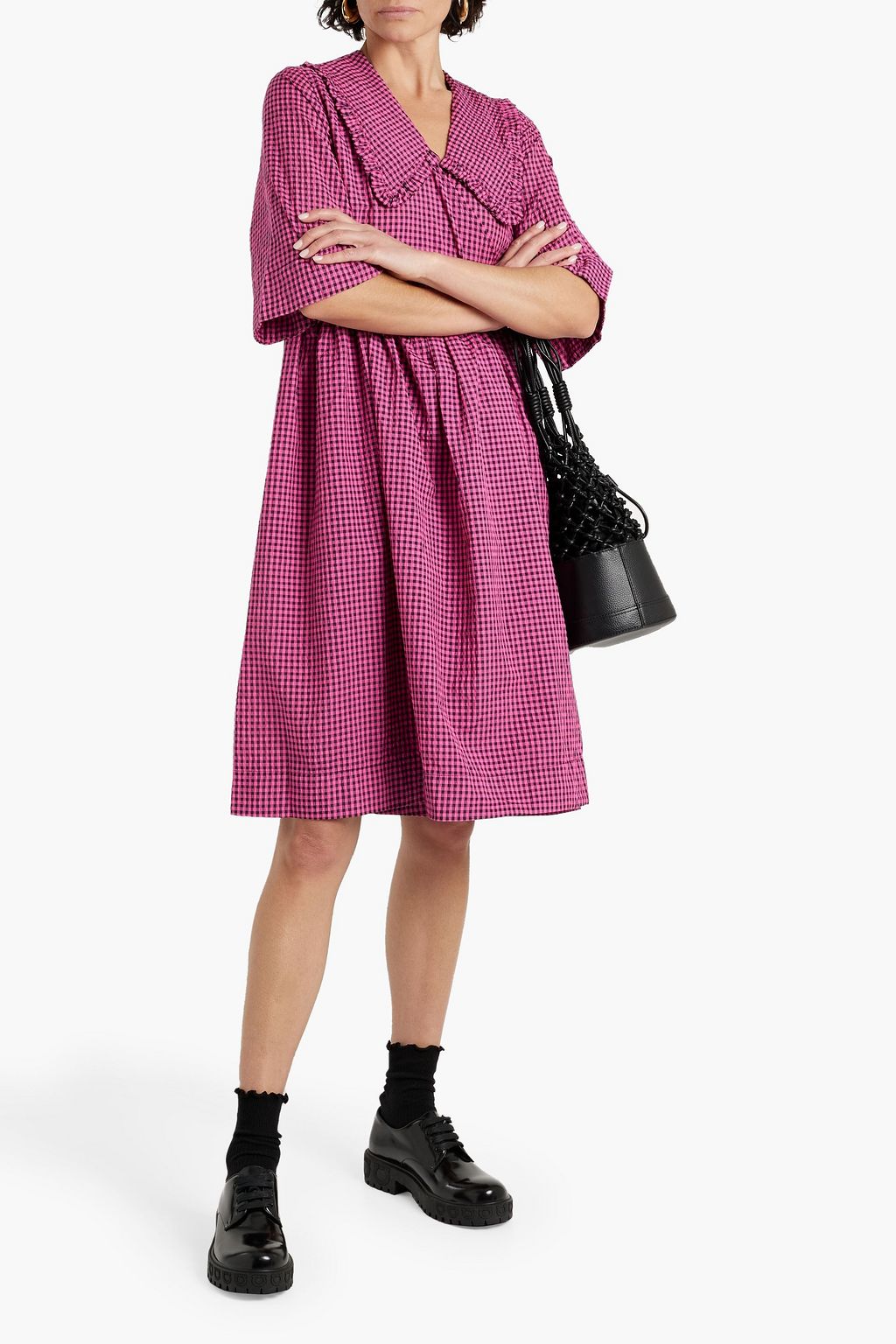 GANNI Ruffle-trimmed gingham seersucker wrap dress