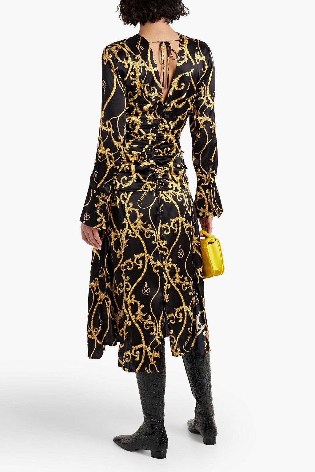 GANNI Ruched printed silk-blend satin midi dress