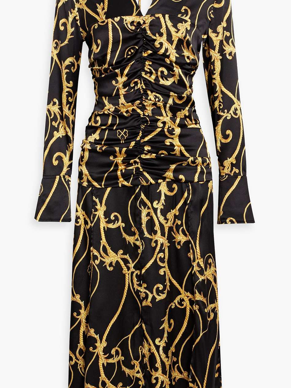 ruched printed silk-blend satin midi dress
